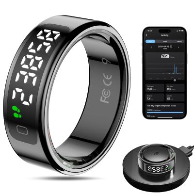 MagLoop Smart Ring Health Tracker for Men/Women with LED Dispay Screen,Fitness Ring Sleep Tracker,Fast Charging,for Pedometer Exercise,Monitor Sleep,Heart Rate, Stress,Waterproof (Black,13)