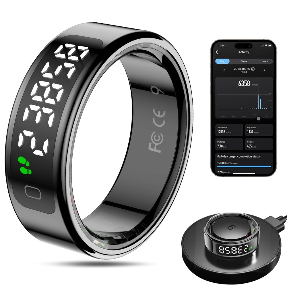 MagLoop Smart Ring Health Tracker for Men/Women with LED Dispay Screen,Fitness Ring Sleep Tracker,Fast Charging,for Pedometer Exercise,Monitor Sleep,Heart Rate, Stress,Waterproof (Black,13)