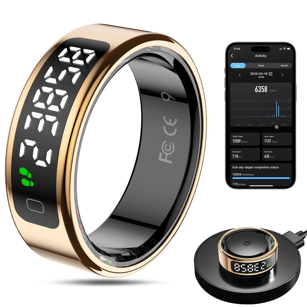 MagLoop Smart Ring Health Tracker for Men/Women,Fitness Ring Sleep Tracker with LED Display Sreeen,Fast Charging,Health and Sleep Monitoring,Motion Tracking,Female Cycle,Waterproof(Gold2,13)