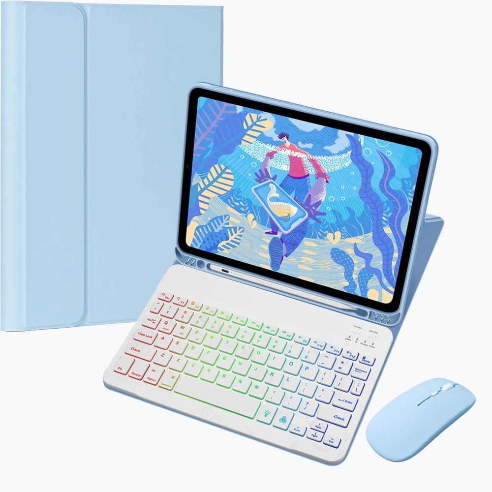 for iPad 11th(A16)/iPad 10th Generation Case with Keyboard and Mouse, 7 Colors Rainbow Backlit Magnetic Detachable Keyboard Cover with Pencil Holder,Sky Blue