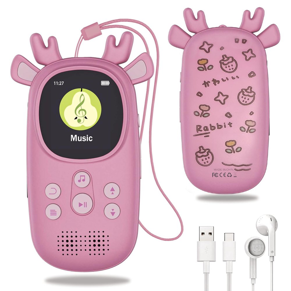 64GB MP3 Players for Kids, Cute Reindeer Portable Music Bluetooth Kid MP3 Player, Child MP3 Player with Bluetooth 5.3,Speaker, FM Radio, Alarm Clock, Voice Recorder, Stopwatch (Support up to 128GB)