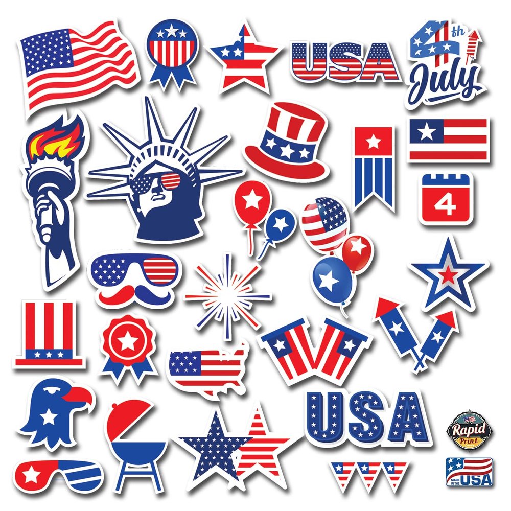 100 American Flag 4th July Stickers for Water Bottle and S urfaces, USA Patriotic Aesthetics Waterproof Vinyl Laptop Decals, Phone Case, Scrapbook, Skateboard, Cars, Others.
