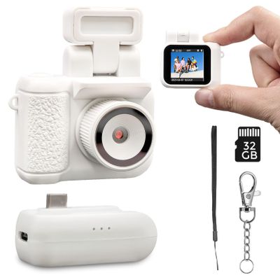 Small Digital Camera Keychain with Flash Light 1080p Tiny Camera Mini Retro Micro 1.4 in LCD Screen 32GB Card Charging Base Compact Portable Recorder for Travel Study Recording (White)