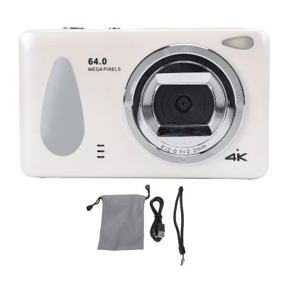 4K 64MP Compact Camera, 18x Zoom, Auto Focus, LED Fill Light, Easy Control, 2.8in Screen, Loop Recording, Compact Design, for Daily Travel (White)