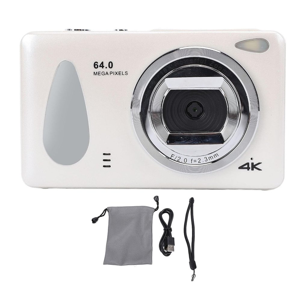 4K 64MP Compact Camera, 18x Zoom, Auto Focus, LED Fill Light, Easy Control, 2.8in Screen, Loop Recording, Compact Design, for Daily Travel (White)