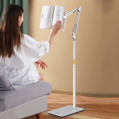 Reading Stand with Clamp, 55~170cm Height Adjustable Book Floor Stand, Bedtime Reading Book Holder, for Sitting,Standing,Laying Down (Off White)