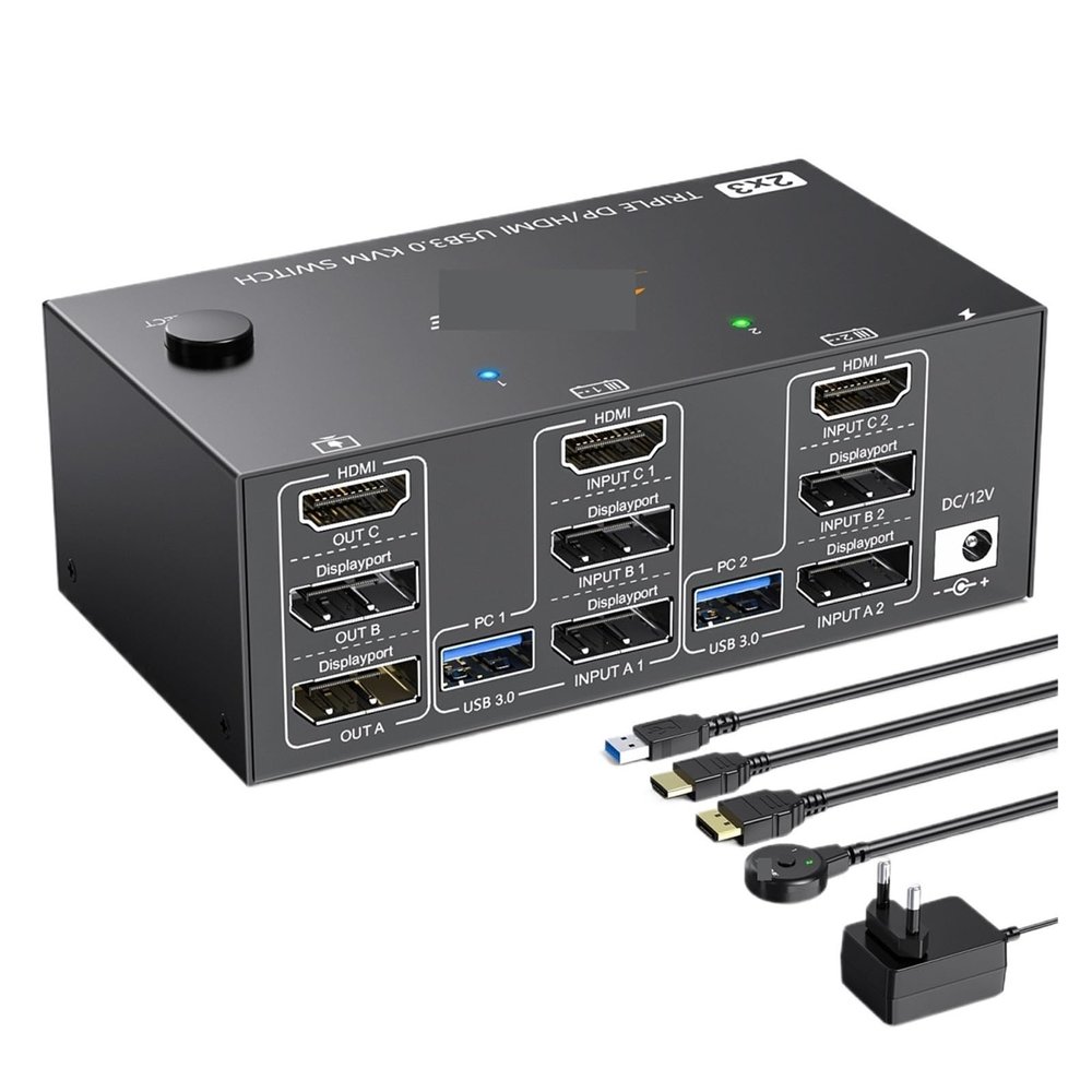 D3LX0Z1 KVM Switch 4 Monitors 2 Computers, USB 3.0 HDMI + DisplayPort 8K@30Hz/4k@144Hz for 2 Computer Share Four Monitor 4 USB 3.0(203DH-1,UK Plug)