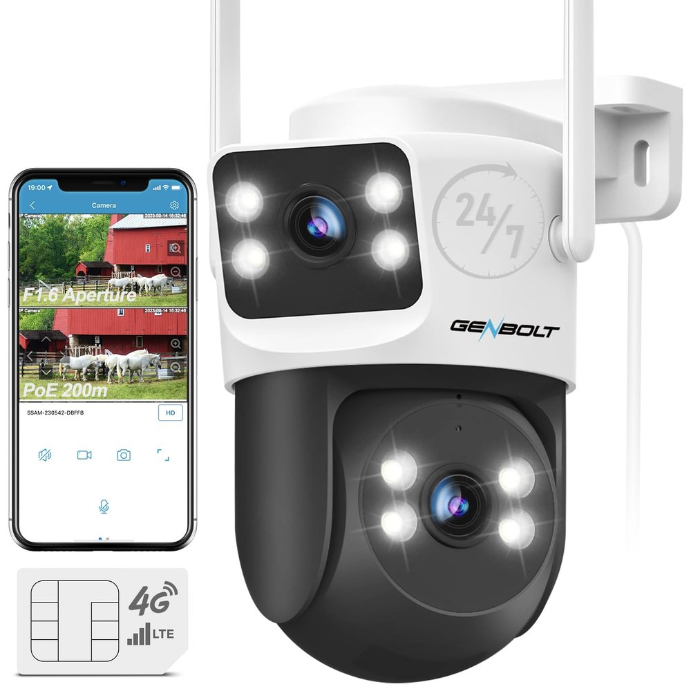 GENBOLT 4G LTE Cellular Security Camera Outdoor No WiFi, Dual Lens PoE Surveillance Camera CCTV with Sim Card, 24/7 Recording Plug in Wired IP Cam with Auto Tracking Human Detection