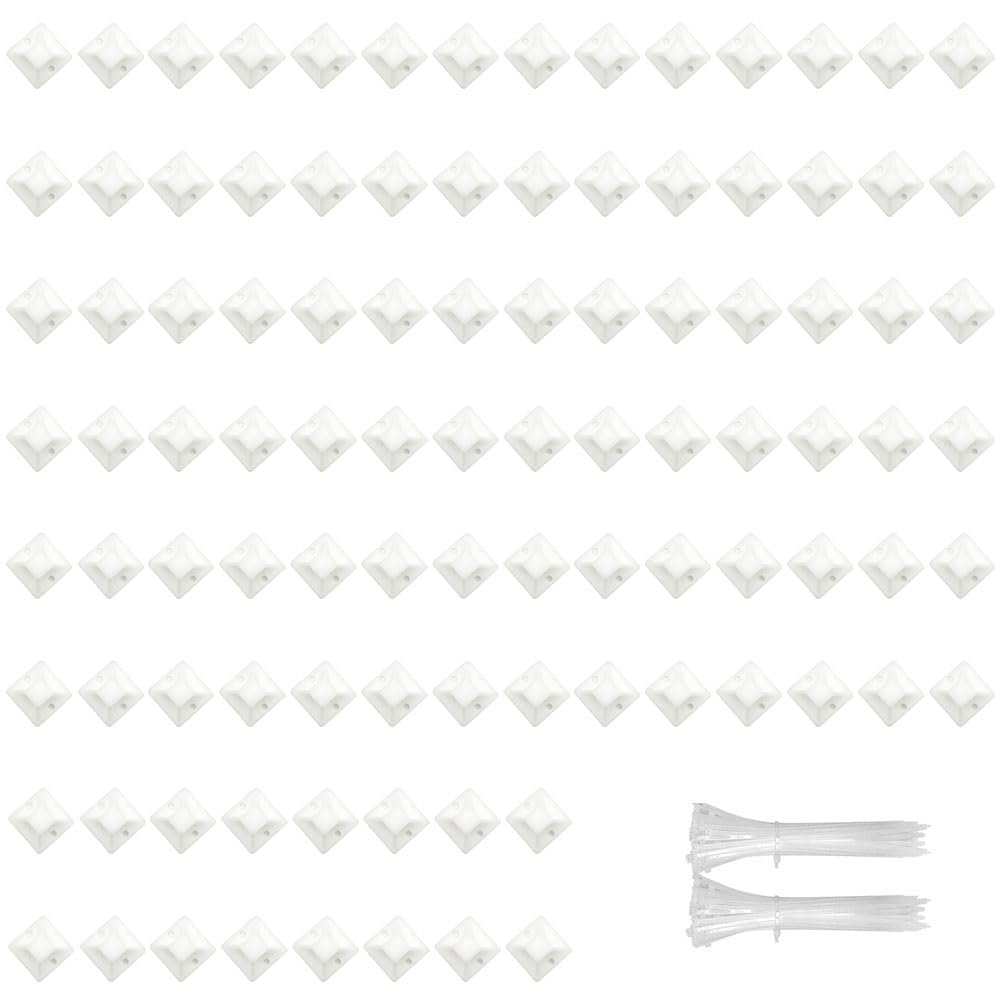 100 Pcs Cable Tie Mounts, Square Adhesive Holder Wire Cable Clips Organizer, Cables Wires and Cords Fasteners Management (L, White)