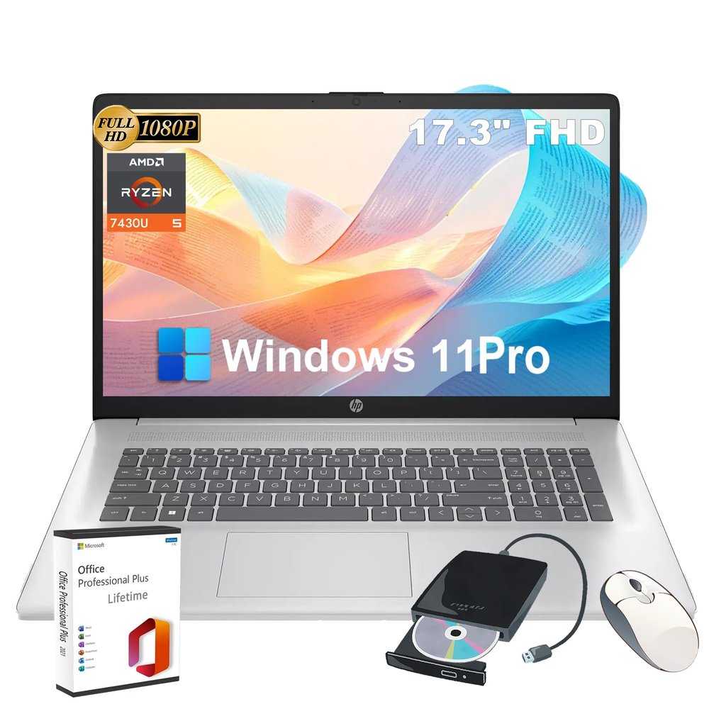 HP 17 inch Laptop Business Computer - AMD Ryzen 5 7430U, 17.3" IPS FHD Display, AI Copilot, Wi-Fi 6, Win 11 Pro, w/MS Office Lifetime, External DVD Drive (32 GB RAM | 1 TB SSD)
