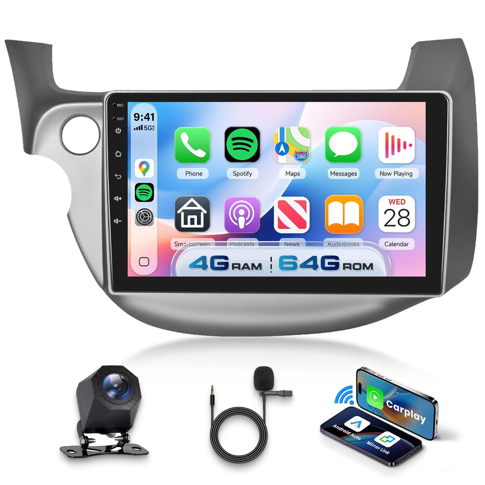 4G+64G Android 15 Car Stereo for Honda Fit 2008-2013 with Wireless Carplay Android Auto, 10.1 Inch 1280 * 720 Touch Screen GPS Navi/WiFi/Bluetooth 5.0/ FM/32EQ/ SWC/Backup Camera