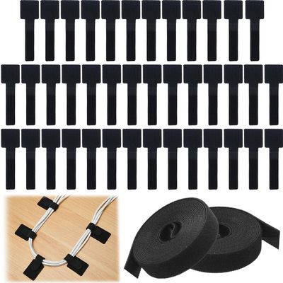 GOLD DEER 40 PCS Self Adhesive Hook and Loop Cable Ties with 2 Rolls Extension Straps Reusable Sticky-Back Cord Organizer Hook and Loop Cable Management Under Desk for Home and Office (Black)