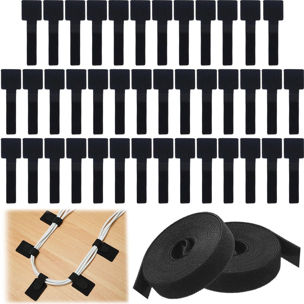 GOLD DEER 40 PCS Self Adhesive Hook and Loop Cable Ties with 2 Rolls Extension Straps Reusable Sticky-Back Cord Organizer Hook and Loop Cable Management Under Desk for Home and Office (Black)