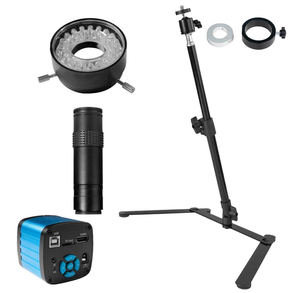 Microscope Kit 4K 48MP 1080P HDMI USB Industrial Video Microscope Camera 1X-130X Zoom Lens Desktop Tripod Stand for Digital Image Acquisition Microscope Lens Adapters