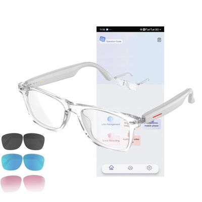CatXQ AI Smart Glasses for Men & Women - Bluetooth Translation Glasses, Noise Cancelling Audio & Blue Light Filtering & Interchangeable Sunglass Lenses (Black/Blue/Pink) for Office & Outdoor - White