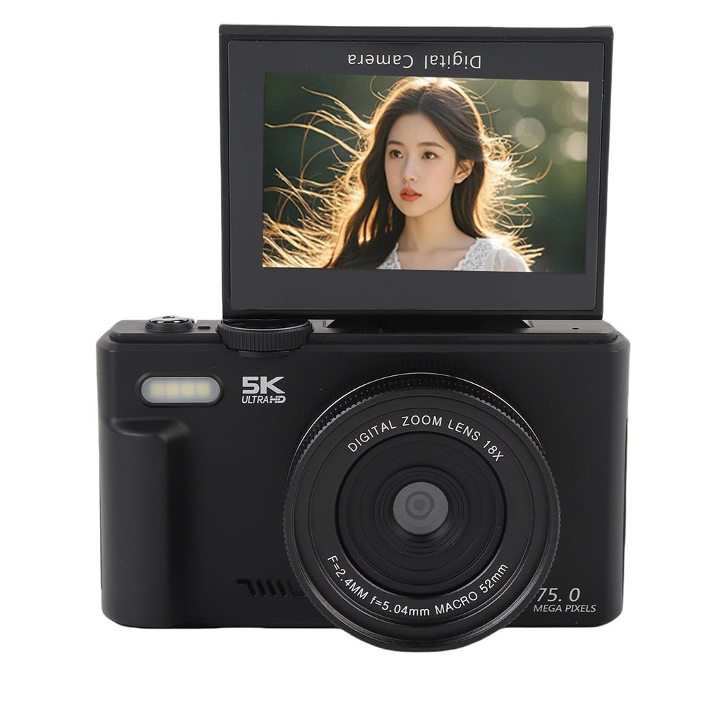 Digital Camera, 5K 75MP UHD WiFi Vedio Camera with 3 in 180 Flip Screen, 18x Digital Zoom, Fill Light, Portable Autofocus Photography Cameras (Black)