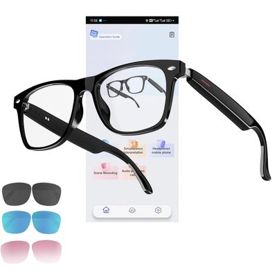 CatXQ AI Smart Glasses for Men & Women - Bluetooth Translation Glasses, Noise Cancelling Audio & Blue Light Filtering & Interchangeable Sunglass Lenses (Black/Blue/Pink) for Office & Outdoor - Black