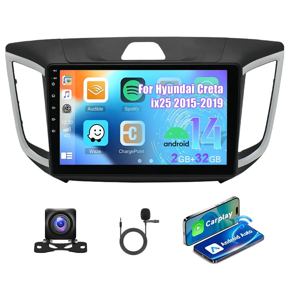 Android 14 Car Stereo for Hyundai Creta ix25 2015-2019, 10inch Touch Screen Radio Head Unit Replacement with Wireless CarPlay Android Auto GPS/FM/WiFi/SWC/AHD Backup Camera/Mirror Link/Mic/
