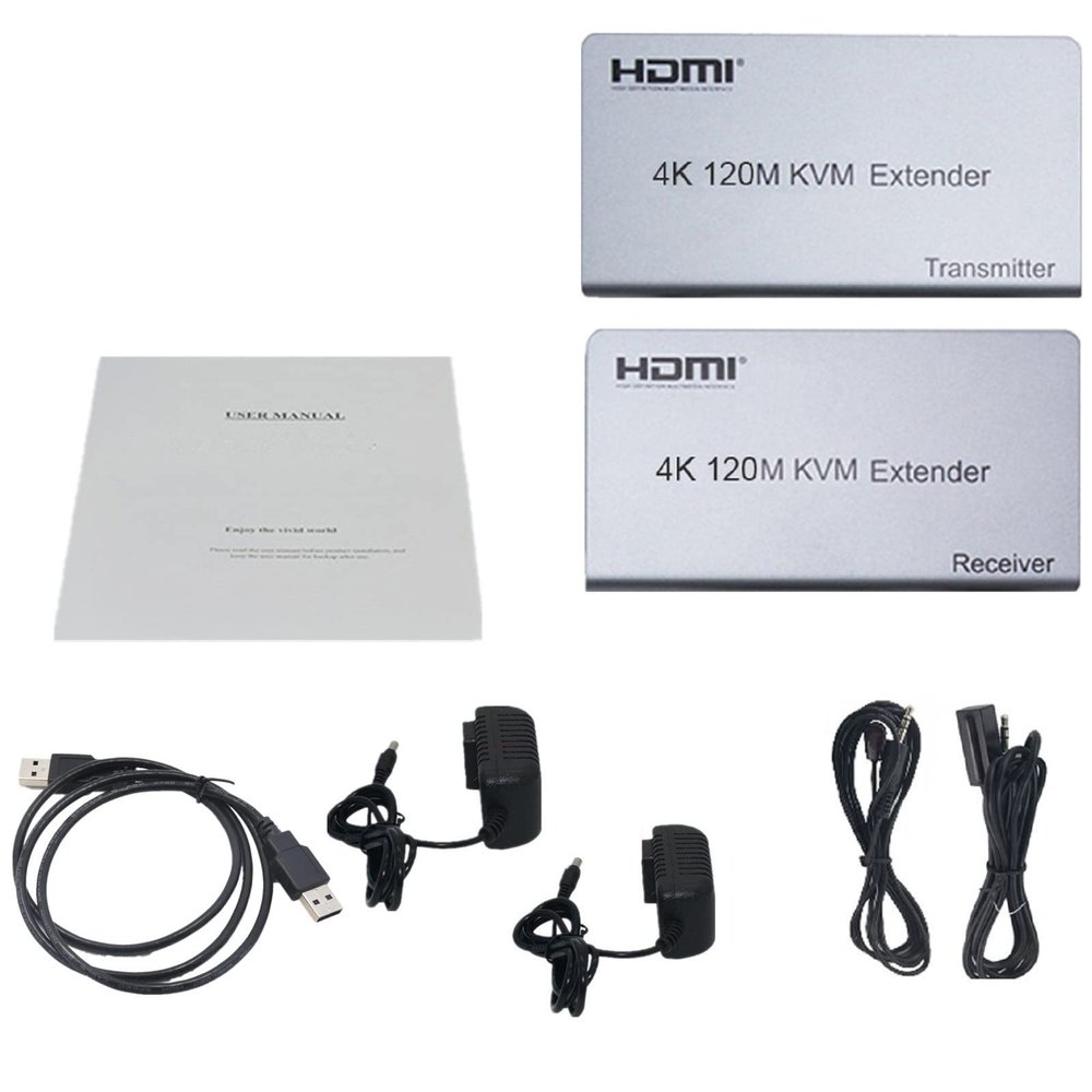 4K HD KVM Extender Over RJ45 Ethernet Cat5e/6 Up to 120M KVM Extender Transmitter Receiver Kit Support USB Mouse Keyboard Universal