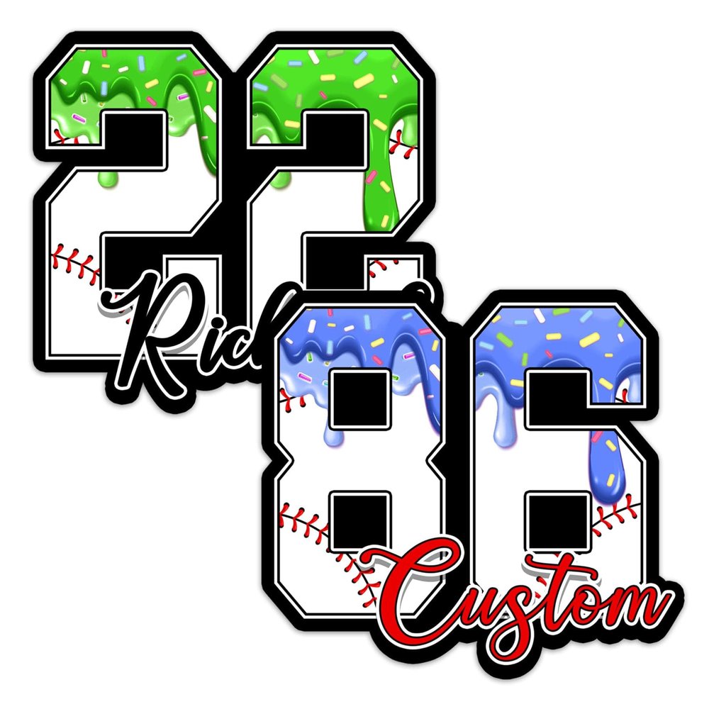 Custom Baseball Name and Number Sticker Personalized Color Name Drip Ice Cream Melting Decal Waterproof Vinyl Decal for Water Bottles Tumblers Laptops Hard Hat Cars Kindle for Women Men Teachers