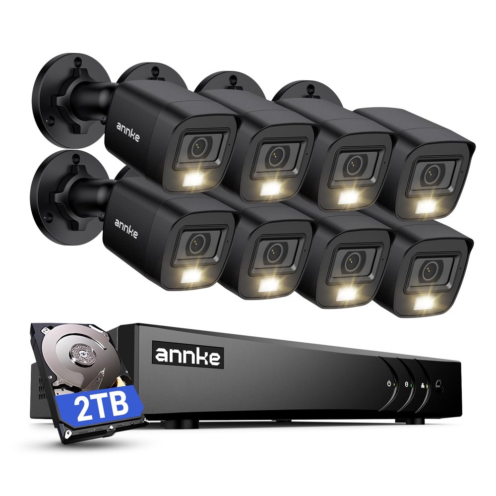ANNKE 2MP Security Camera System, 8CH 3K Lite DVR Recorder with AI Motion Detection, 8X 1080P (19201080) Add-on Wired Black Cams with Smart Color Night Vision, IP67, 3.6mm Lens, 2TB Hard Drive Disk