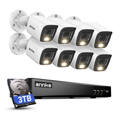 ANNKE 2MP Security Camera System, 8CH 4K DVR Recorder with AI Motion Detection, 8X 1080P (19201080) Add-on Wired White Cams with Smart Color Night Vision, IP67, Compatible with Alexa, 3TB Hard Drive