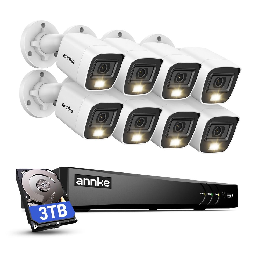 ANNKE 2MP Security Camera System, 8CH 4K DVR Recorder with AI Motion Detection, 8X 1080P (19201080) Add-on Wired White Cams with Smart Color Night Vision, IP67, Compatible with Alexa, 3TB Hard Drive