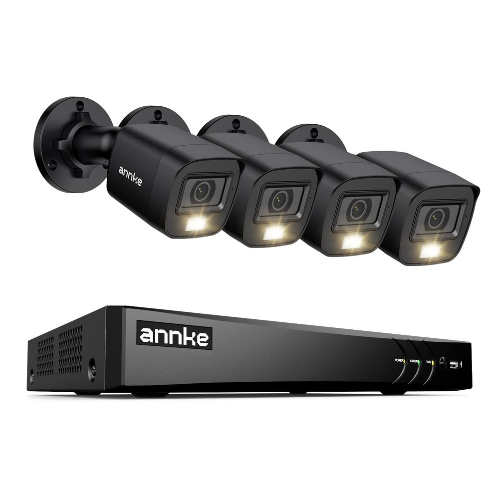 ANNKE 2MP Security Camera System, 8CH 4K DVR Recorder with AI Motion Detection, 4X 1080P (19201080) Add-on Wired Black Cams with Smart Color Night Vision, IP67, Compatible with Alexa, No Hard Drive