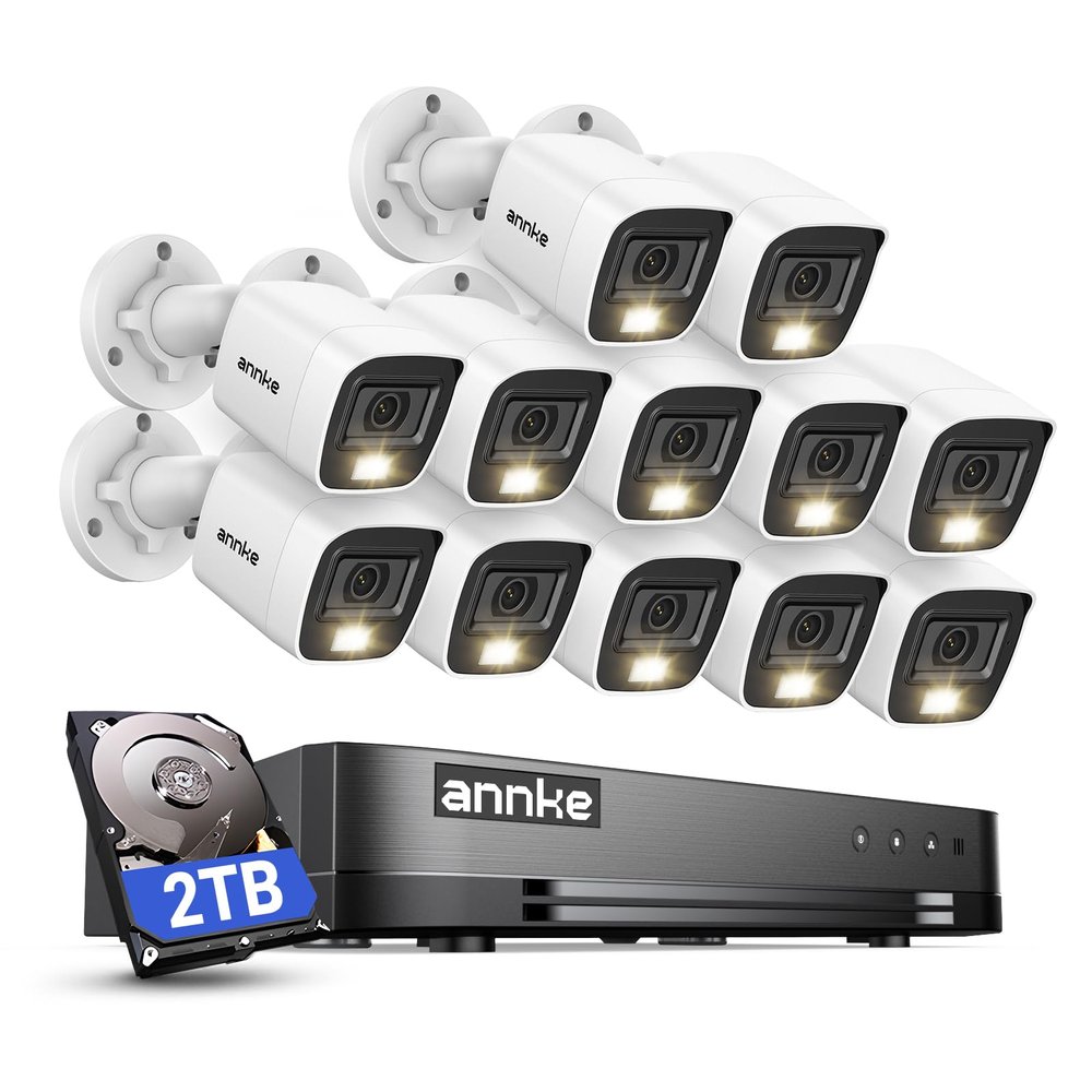 ANNKE 2MP Security Camera System, 16CH 2MP Lite DVR Recorder with AI Motion Detection, 12x 1080P (19201080) Add-on Wired White Cams with Smart Color Night Vision, IP67, 3.6mm Lens, 2TB Hard Drive
