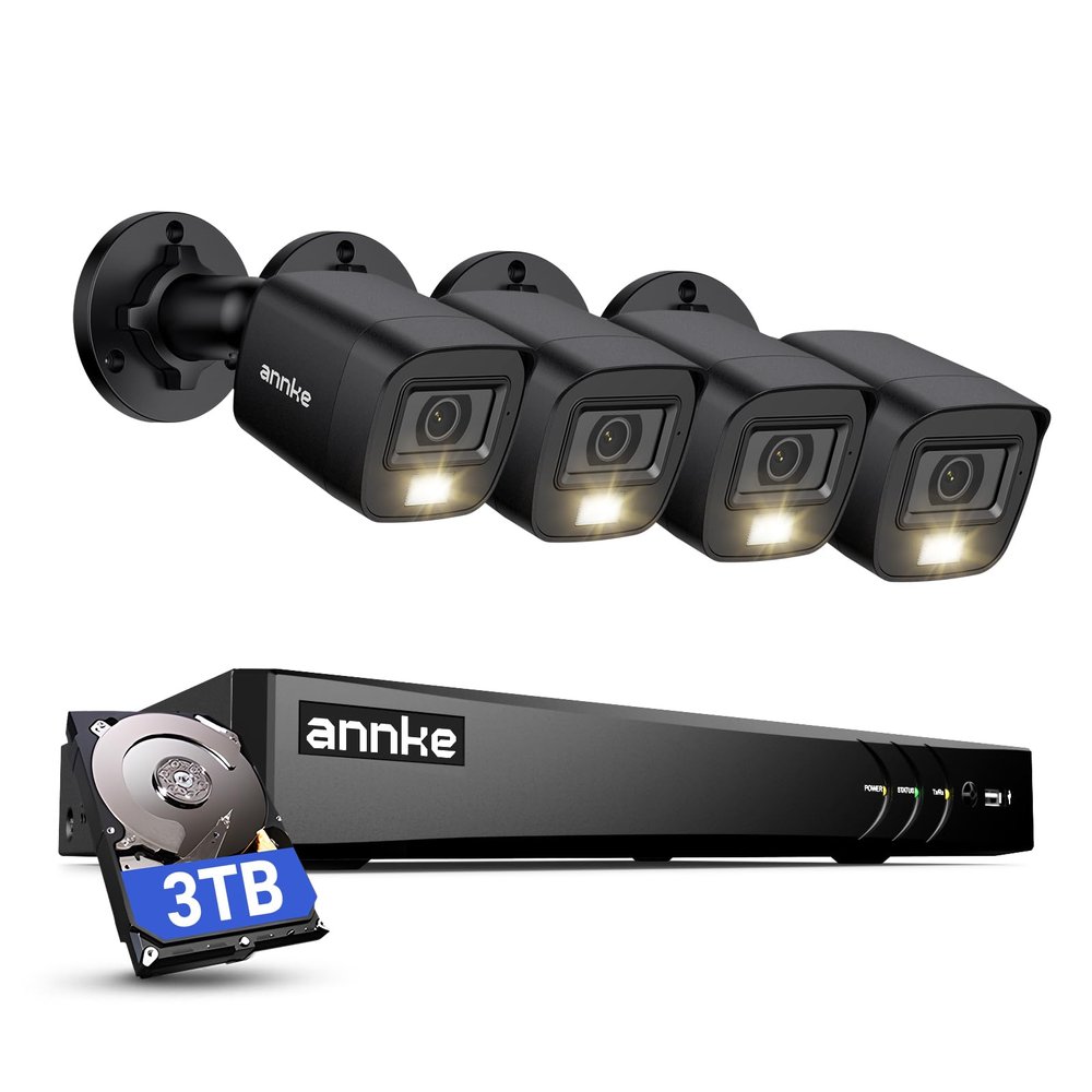 ANNKE 2MP Security Camera System, 8CH 4K DVR Recorder with AI Motion Detection, 4X 1080P (19201080) Add-on Wired Black Cams with Smart Color Night Vision, IP67, Compatible with Alexa, 3TB Hard Drive