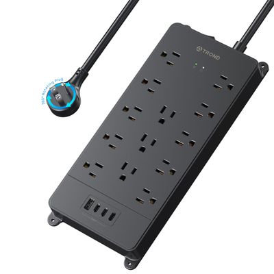 TROND 360 Rotating Flat Plug, Surge Protector Power Strip, 13AC Widely Spaced Outlets Expansion with 3 USB C Ports, 4000J, 5ft Extension Cord Heavy Duty, Wall Mount, Under Desk, ETL Listed, Black