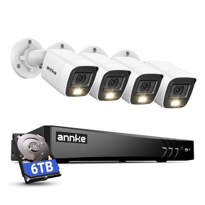 ANNKE 2MP Security Camera System, 8CH 4K DVR Recorder with AI Motion Detection, 4X 1080P (19201080) Add-on Wired White Cams with Smart Color Night Vision, IP67, Compatible with Alexa, 6TB Hard Drive