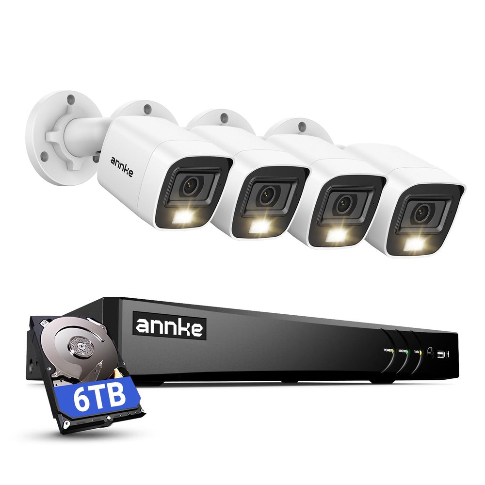 ANNKE 2MP Security Camera System, 8CH 4K DVR Recorder with AI Motion Detection, 4X 1080P (19201080) Add-on Wired White Cams with Smart Color Night Vision, IP67, Compatible with Alexa, 6TB Hard Drive