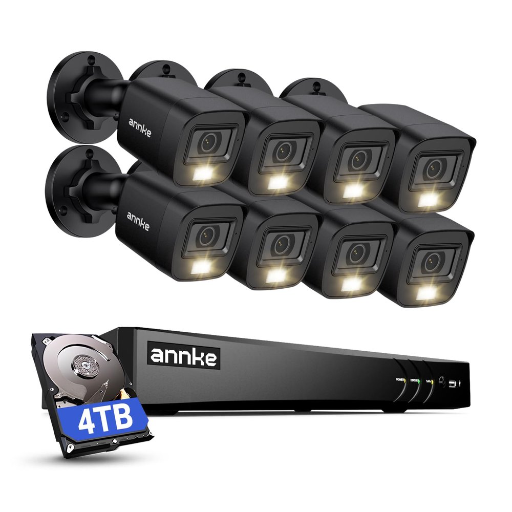 ANNKE 2MP Security Camera System, 8CH 4K DVR Recorder with AI Motion Detection, 8X 1080P (19201080) Add-on Wired Black Cams with Smart Color Night Vision, IP67, Compatible with Alexa, 4TB Hard Drive