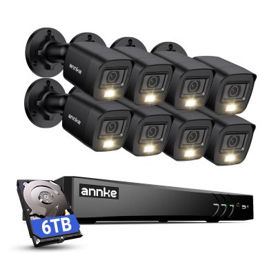 ANNKE 2MP Security Camera System, 8CH 4K DVR Recorder with AI Motion Detection, 8X 1080P (19201080) Add-on Wired Black Cams with Smart Color Night Vision, IP67, Compatible with Alexa, 6TB Hard Drive