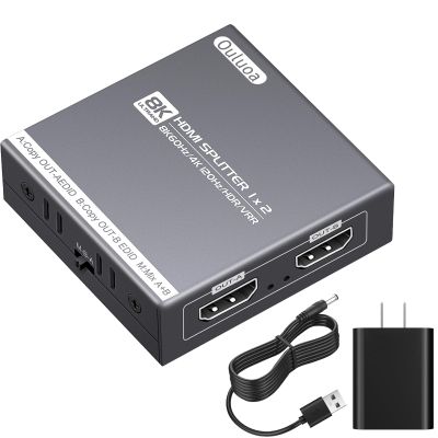 8K HDMI Splitter 1 in 2 Out, 8k60Hz 4K@144Hz HDMI 2.1 Splitter for Monitor, TV, Support HDCP2.3, 48Gbps, Compatible with 4K & 1080P High-Definition Video