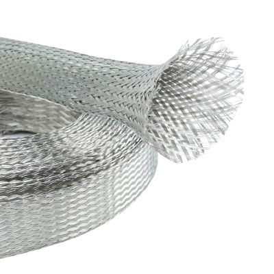 Buyuneed 11/16" Wide Tinned Copper Braided Metal Wire Shielding Sleeve Ground Strap Automotive Flat Mesh Flexible Expandable Sheath (18mm ID-38ft)