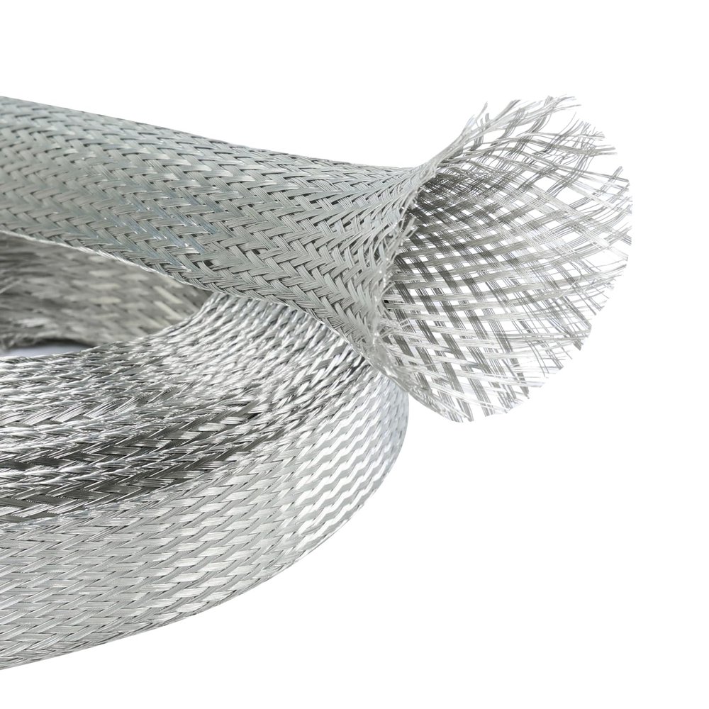 Buyuneed 11/16" Wide Tinned Copper Braided Metal Wire Shielding Sleeve Ground Strap Automotive Flat Mesh Flexible Expandable Sheath (18mm ID-38ft)