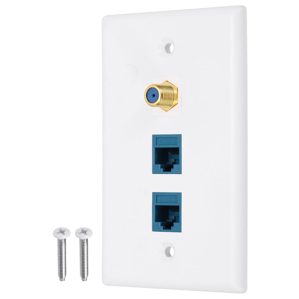 MECCANIXITY Cat 6 Ethernet Wall Plate, 3 Port Blue F-Plug Female to Female RJ45 Key-Stone Jack Wall Plate Jack Inline Coupler Connector Box Cover, White