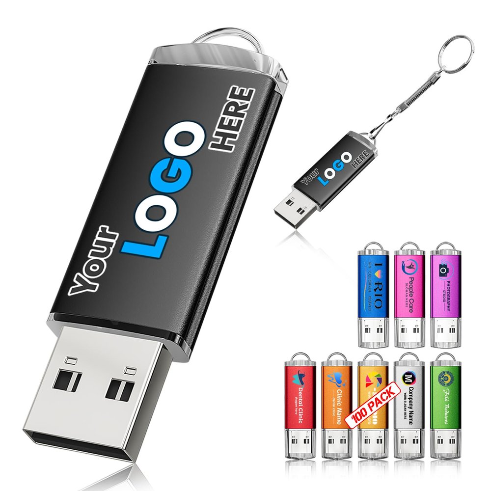 16GB 100Pcs Custom Personalized USB 2.0 Flash Drive Bulk, Customized Thumb Drives with LED Indicator, Engraved/Printed Your Logo & Text on Double-Sided for Government/School/Company Ads/Photography