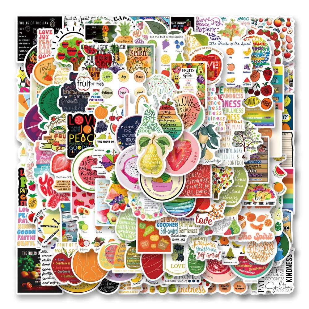 129pcs Fruit of The Spirit Stickers Pack, Cartoon Cute Vinyl Waterproof Decals for Water Bottle,Laptop,Phone,Skateboard,Scrapbooking,Bumper for Party Supply