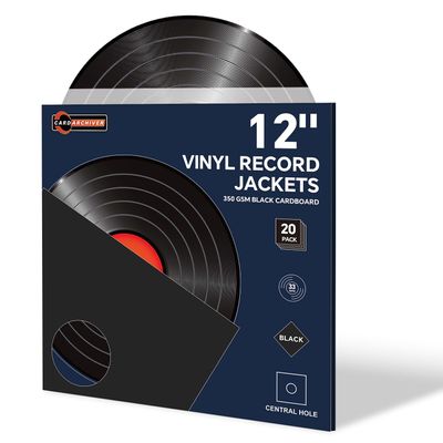 20PCS 12 Inch Black Vinyl Record Jackets, Thick Cardboard Sleeves with Center Hole, Blank LP Album Covers for 33 RPM Storage & Organization, 350gsm LP Jackets for Record Storage
