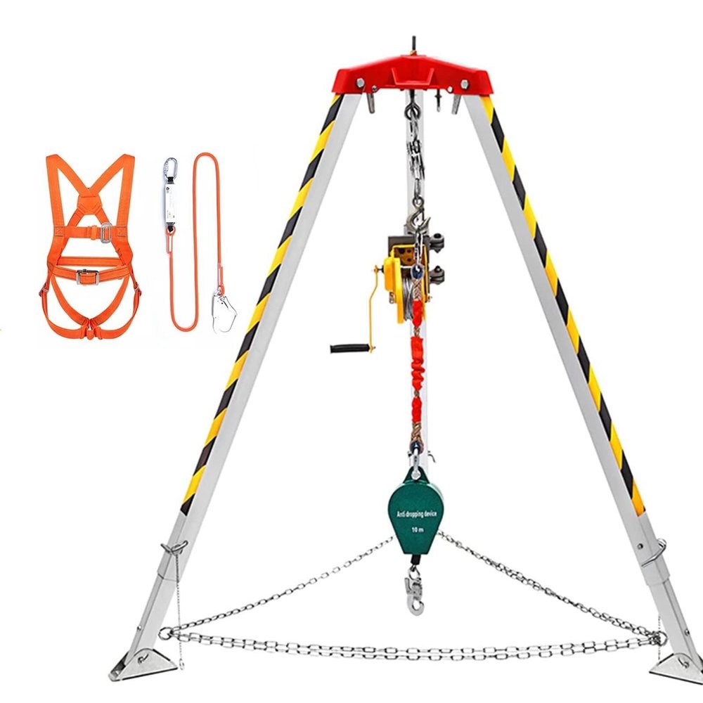 1800lbs Winch Rescue Tripod Aluminum, Confined Space Firefighting Tripod Kit with 7' Leg Bracket, 98' Cable, Tripod Hoist for Power Engineering Sewer Tunnel - Includes 10m Fall Protector and