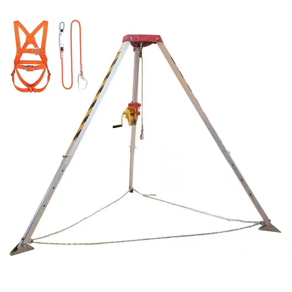 Aluminum Manhole Rescue Tripod Kit with 1800lbs Winch, 15m Fall Arrester, Lifting and Rescue Equipment for Well, Sewer Tunnel - Confined Space Rescue Tripod Kit