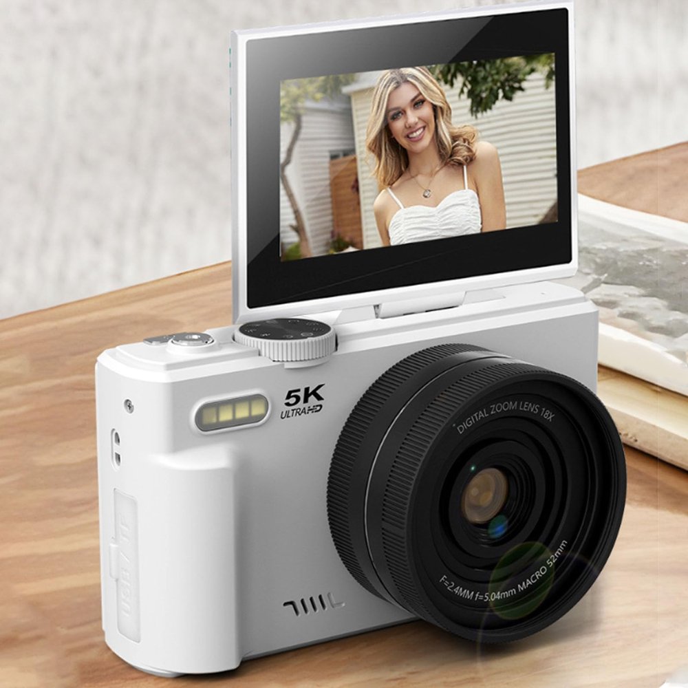 5K Digital Camera, 75MP UHD Digital Cameras for Photography, AF Autofocus Point and Shoot Small Camera with Flash, 3in Screen, 18X Zoom, Compact Vlogging Camara (Black) (White)