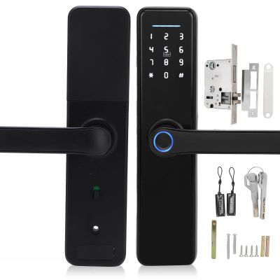 Biometric Fingerprint Door Lock with IC Card, Password, Key, Black Digital Smart Entry for Home Office Security with Unlock Control