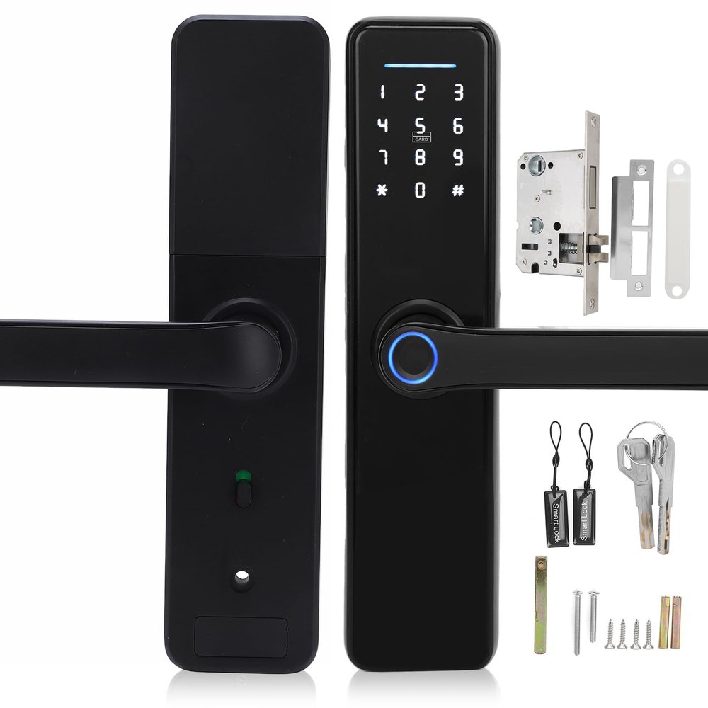 Biometric Fingerprint Door Lock with IC Card, Password, Key, Black Digital Smart Entry for Home Office Security with Unlock Control