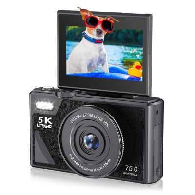 5K Digital Camera for Photography, 75MP Autofocus Vlogging Camera with 3 inch Flip Screen, 18X Anti-Shake Compact Camera for Travel and Daily Use (Black)