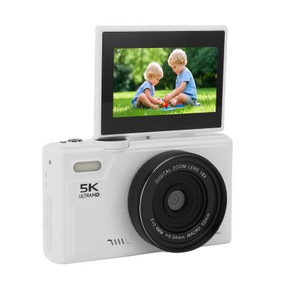 5K Digital Camera,75MP UHD Portable Digital Cameras,3in 180 Flip Screen with 18X Zoom Compact Camera for Photography and Video (White)