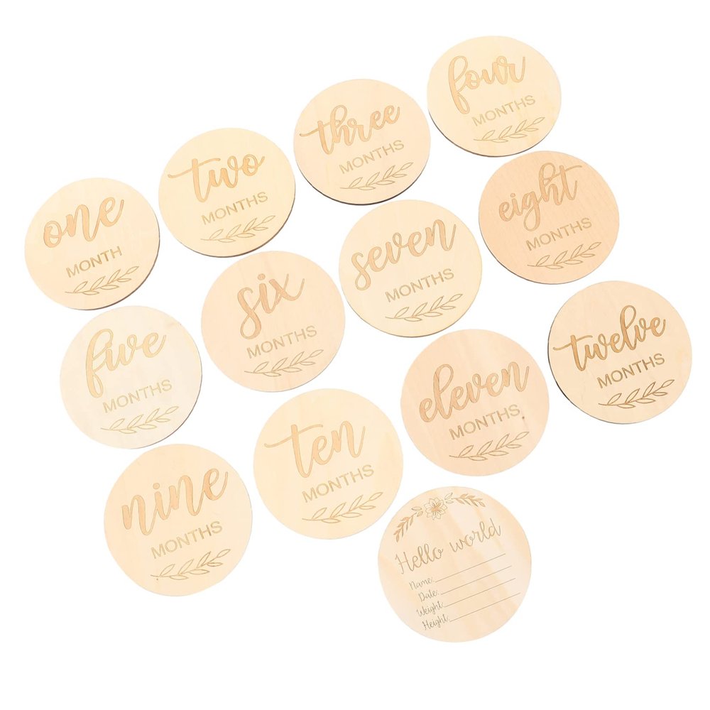 DECHOUS Safe Wooden Newborn Milestone Discs 13pcs Set Monthly Milestone Cards Photo Prop for Baby Growth